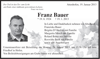 Traueranzeige von Franz Bauer von Schwäbische Post