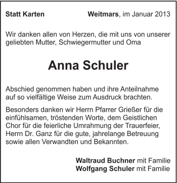 Traueranzeige von Anna Schuler von Gmünder Tagespost