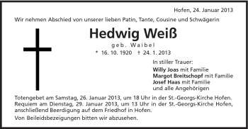 Traueranzeige von Hedwig Weiß von Schwäbische Post