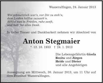 Traueranzeige von Anton Stegmaier von Schwäbische Post