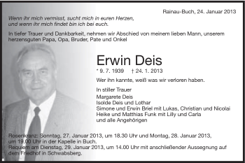Traueranzeige von Erwin Deis von Schwäbische Post