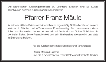 Traueranzeige von Franz Mäule von Schwäbische Post