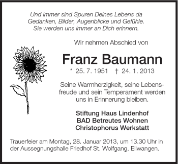 Traueranzeige von Franz Baumann von Schwäbische Post
