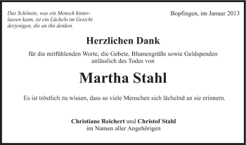 Traueranzeige von Martha Stahl von Schwäbische Post