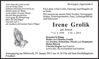 Traueranzeige von Irene Grolik von Gmünder Tagespost