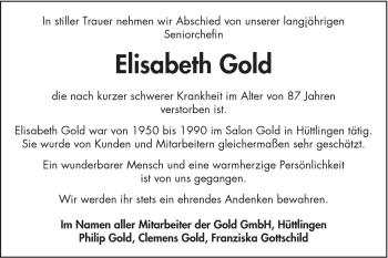 Traueranzeige von Elisabeth Gold von Schwäbische Post