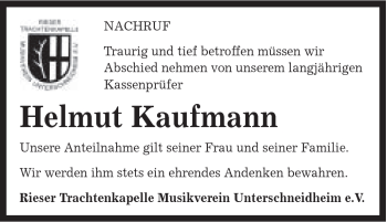 Traueranzeige von Helmut Kaufmann von Schwäbische Post