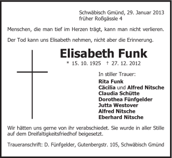 Traueranzeige von Elisabeth Funk von Gmünder Tagespost