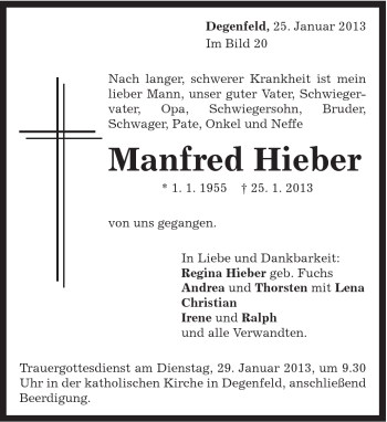 Traueranzeige von Manfred Hieber von Gmünder Tagespost