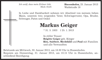 Traueranzeige von Markus Geiger von Gmünder Tagespost