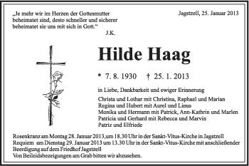 Traueranzeige von Hilde Haag von Schwäbische Post