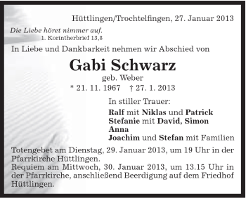 Traueranzeige von Gabi Schwarz von Schwäbische Post