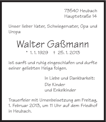 Traueranzeige von Walter Gaßmann von Gmünder Tagespost