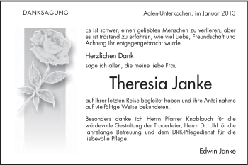 Traueranzeige von Theresia Janke von Schwäbische Post