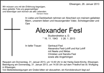 Traueranzeige von Alexander Fesl von Schwäbische Post