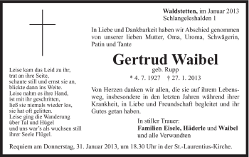 Traueranzeige von Gertrud Waibel von Gmünder Tagespost