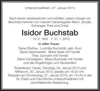 Traueranzeige von Isidor Buchtab von Schwäbische Post