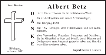 Traueranzeige von Albert Betz von Gmünder Tagespost