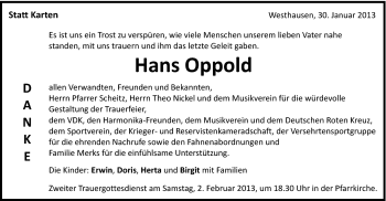 Traueranzeige von Hans Oppold von Schwäbische Post