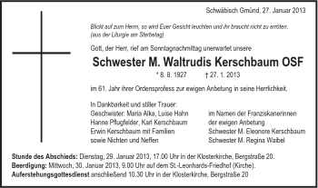 Traueranzeige von Schwester M. Waltrudis Kerschbaum OSF von Schwäbische Post