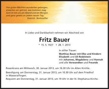 Traueranzeige von Fritz Bauer von Schwäbische Post