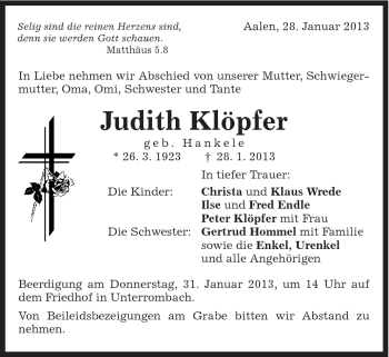 Traueranzeige von Judith Klöpfer von Schwäbische Post