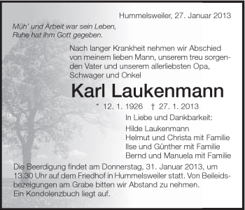 Traueranzeige von Karl Laukenmann von Schwäbische Post