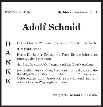 Traueranzeige von Adolf Schmid von Gmünder Tagespost