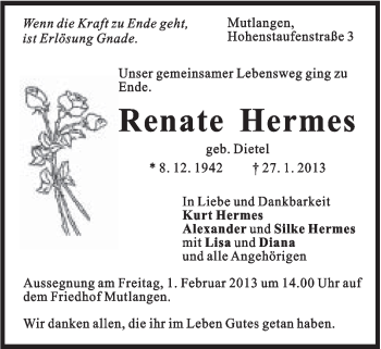 Traueranzeige von Renate Hermes von Gmünder Tagespost