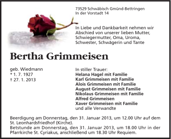 Traueranzeige von Bertha Grimmeisen von Gmünder Tagespost