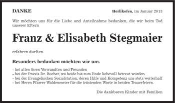 Traueranzeige von Franz & Elisabeth Stegmaier von Gmünder Tagespost