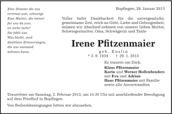 Traueranzeige von Irene Pfitzenmaier von Schwäbische Post