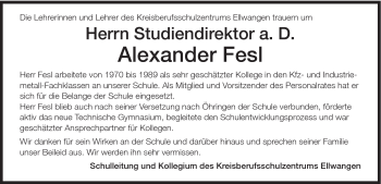 Traueranzeige von Alexander Fesl von Schwäbische Post