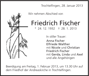 Traueranzeige von Friedrich Fischer von Schwäbische Post