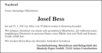 Traueranzeige von Josef Bess von Schwäbische Post