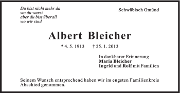 Traueranzeige von Albert Bleicher von Gmünder Tagespost