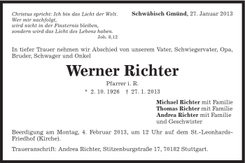 Traueranzeige von Werner Richter von Gmünder Tagespost