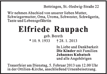 Traueranzeige von Elfriede Raupach von Gmünder Tagespost