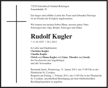 Traueranzeige von Rudolf Kugler von Gmünder Tagespost