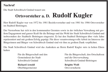 Traueranzeige von Rudolf Kugler von Gmünder Tagespost