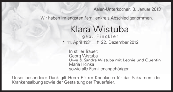 Traueranzeige von Klara Wistuba von Schwäbische Post