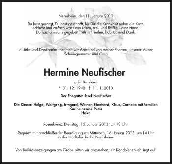 Traueranzeige von Hermine Neufischer von Schwäbische Post
