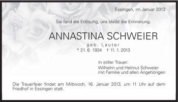 Traueranzeige von Annastina Schweier von Schwäbische Post