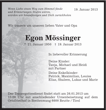 Traueranzeige von Egon Mössinger von Schwäbische Post