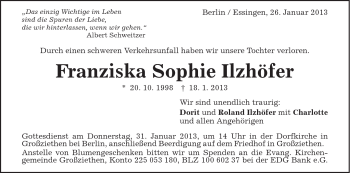 Traueranzeige von Franziska Sophie Ilzhöfer von Schwäbische Post