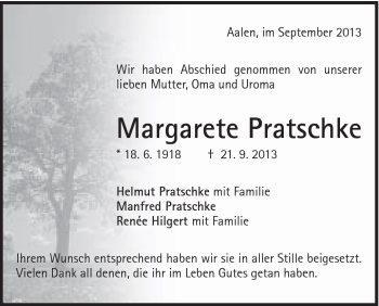 Traueranzeige von Margarete Pratschke von Schwäbische Post