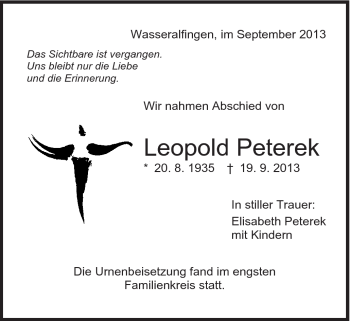 Traueranzeige von Leopold Peterek von Schwäbische Post