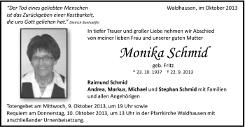 Traueranzeige von Monika Schmid von Schwäbische Post