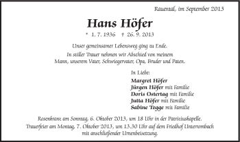 Traueranzeige von Hans Höfer von Schwäbische Post