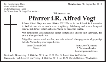 Traueranzeige von Alfred Vogt von Gmünder Tagespost